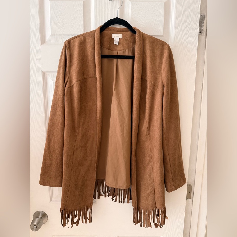 Chico's Camel Faux Suede fringe Jacket 1980’s